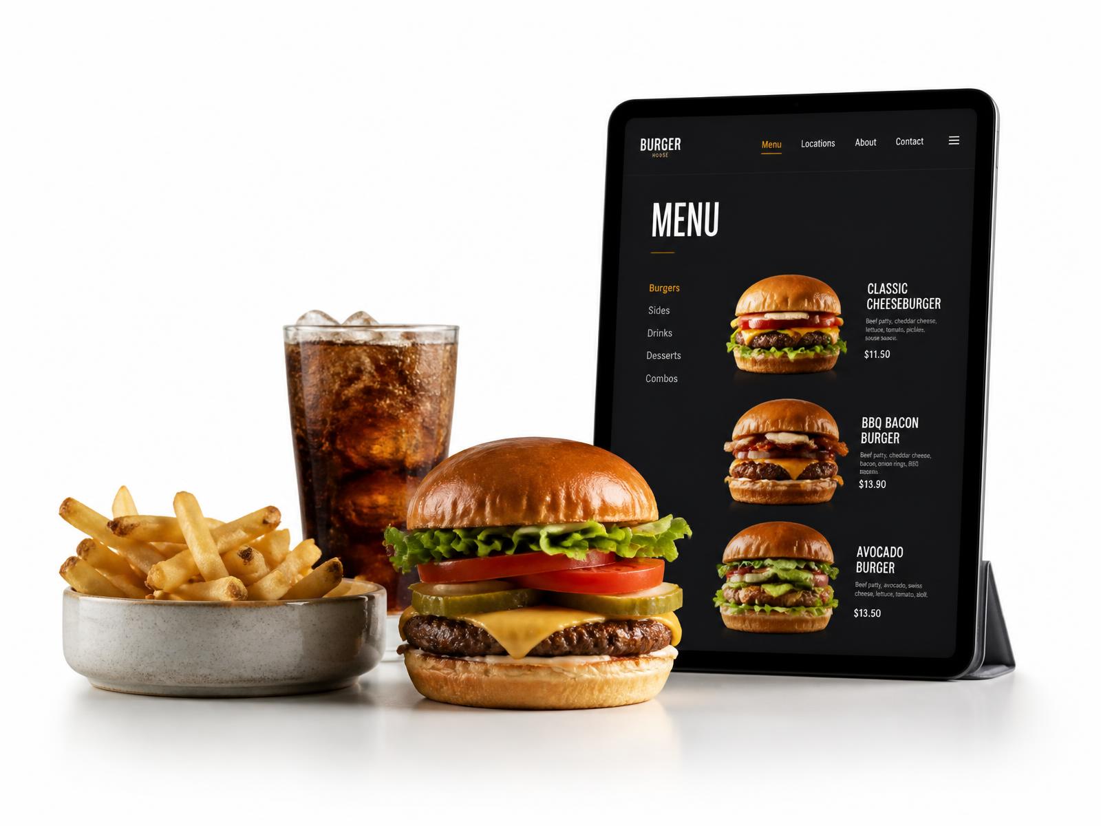 Cena de hamburgueria com tablet Restaurant Click, hambúrguer, batata e bebida